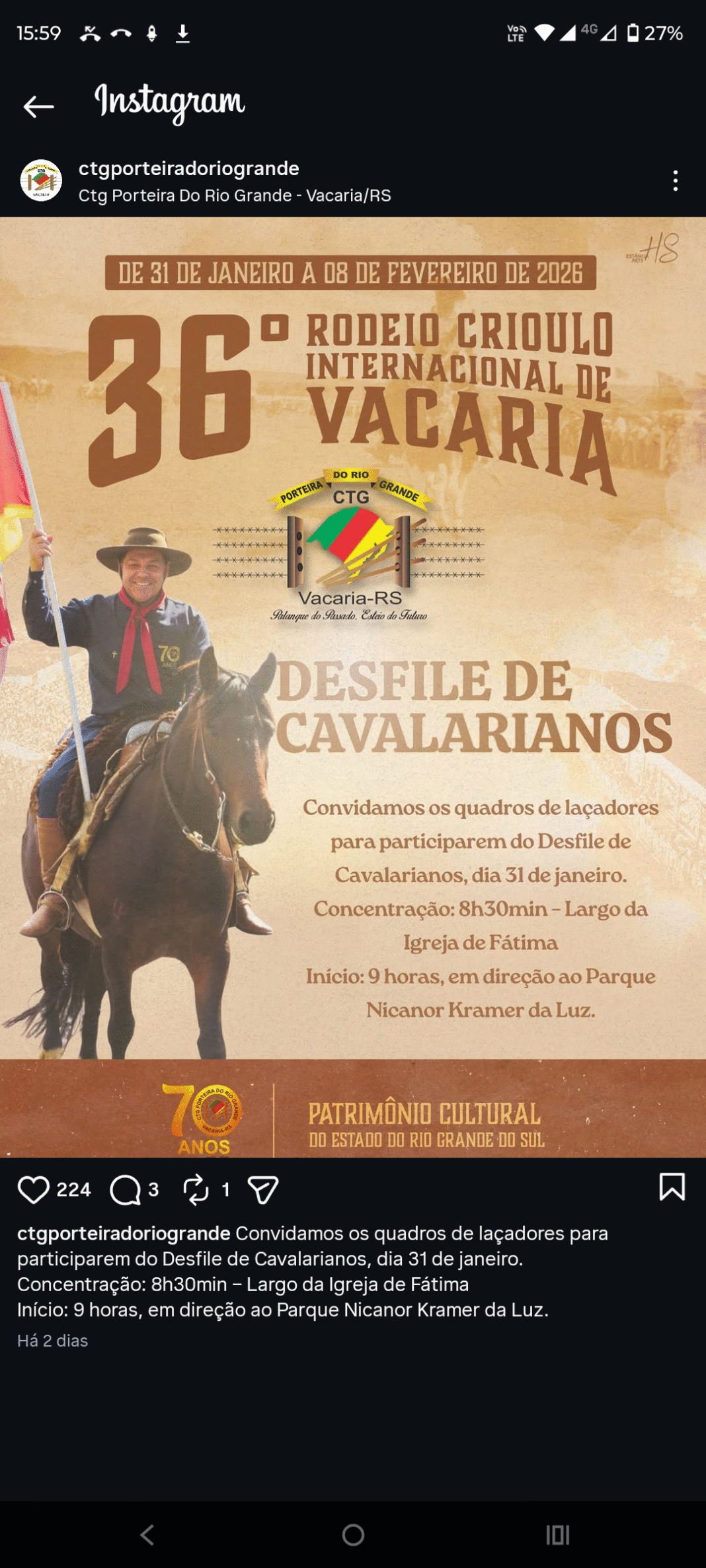 Desfile de Cavalarianos do Rodeio de Vacaria será neste sábado