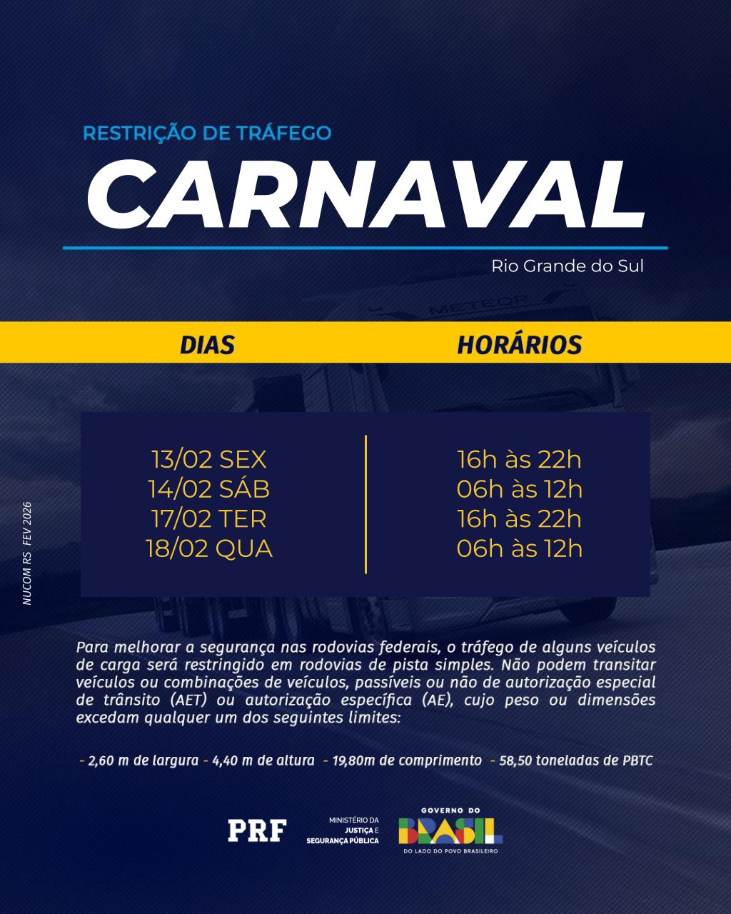 Carnaval 2026: PRF anuncia restrições de tráfego para veículos de carga no Rio Grande do Sul